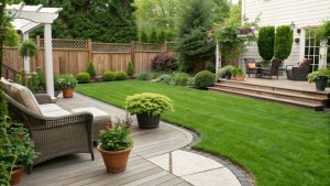 Well-maintained rental backyard with green lawn, potted plants, and outdoor seating showing tips on how to keep your rental backyard looking great