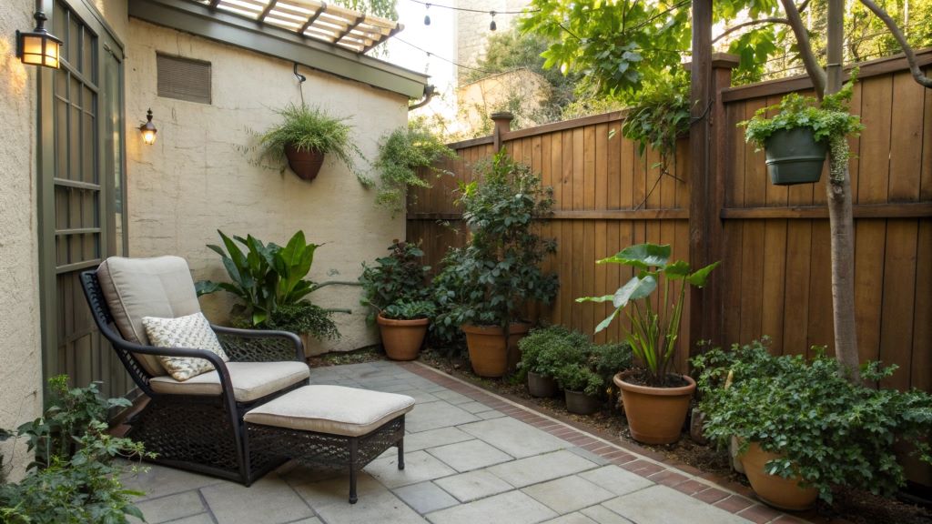 Small rental backyard with potted plants and a patio chair