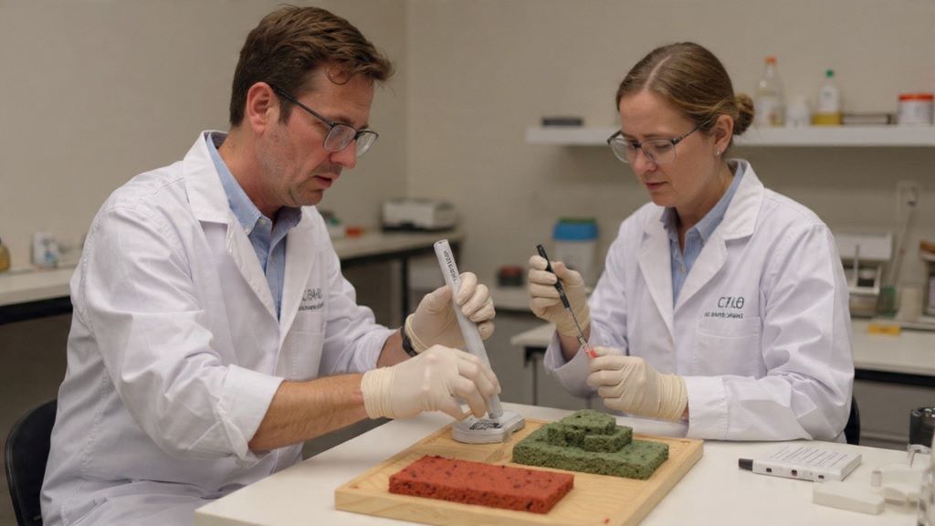 2. Laboratory testing of sustainable composite materials with non-toxic plant-based binder showing strength and durability measurements