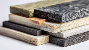 1. Bio-based composite material samples showing natural fiber reinforcement with eco-friendly binding resin in various colors and textures