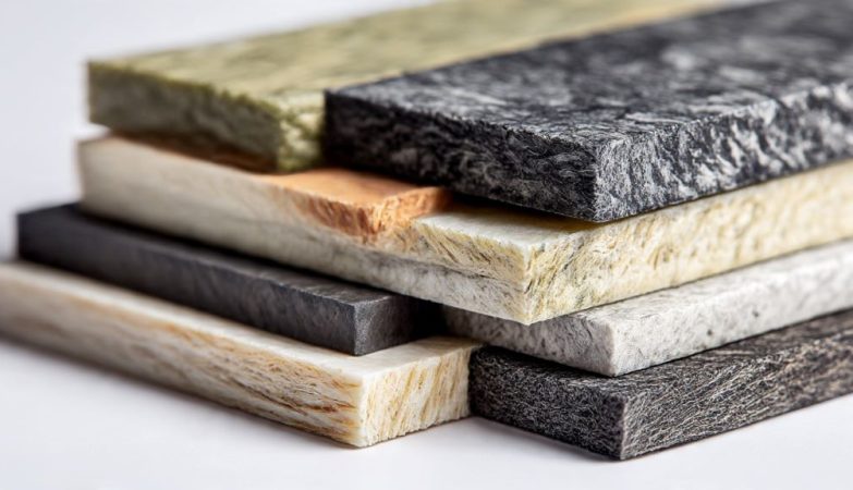 1. Bio-based composite material samples showing natural fiber reinforcement with eco-friendly binding resin in various colors and textures