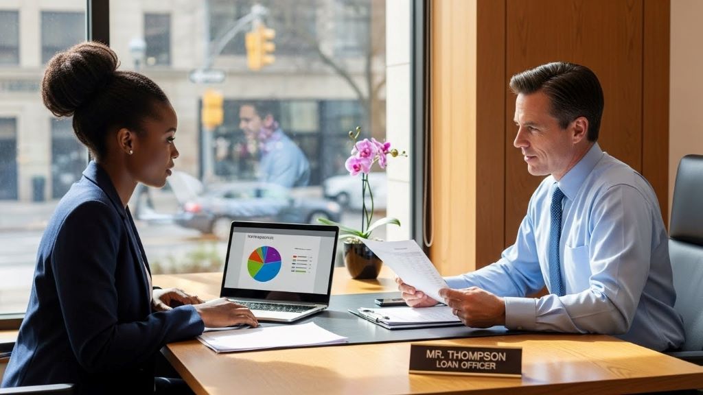 Business owner meeting with bank lender to discuss startup loan options based on creditworthiness