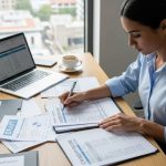 Entrepreneur reviewing credit report and financial documents to prepare for startup funding application