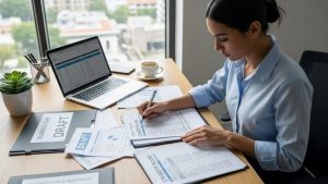 Entrepreneur reviewing credit report and financial documents to prepare for startup funding application
