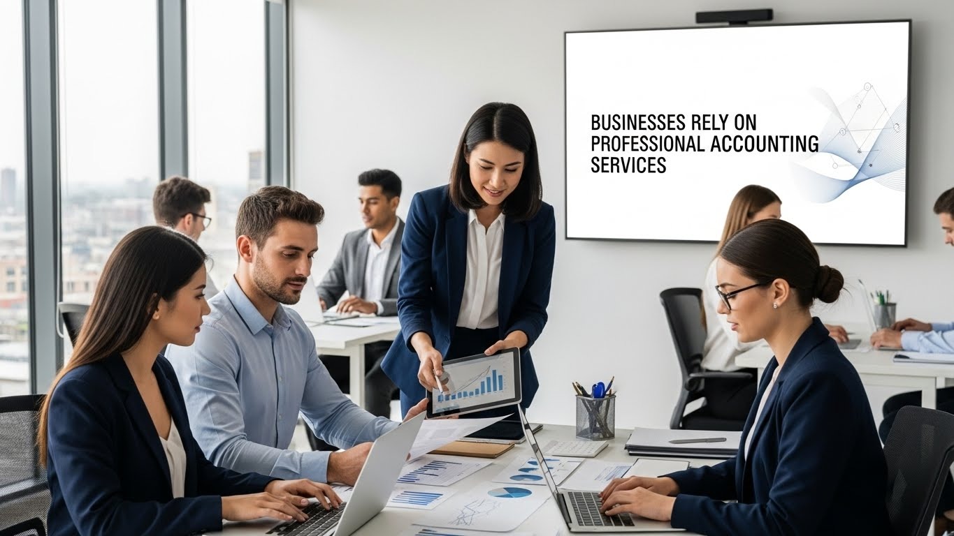 Business owner analyzing financial reporting with accounting services