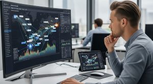 Digital marketer analyzing customer journey map with multiple touchpoints highlighting changing user intent patterns
