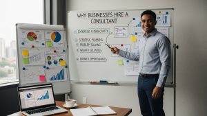 Small business consultant advising owner on strategy