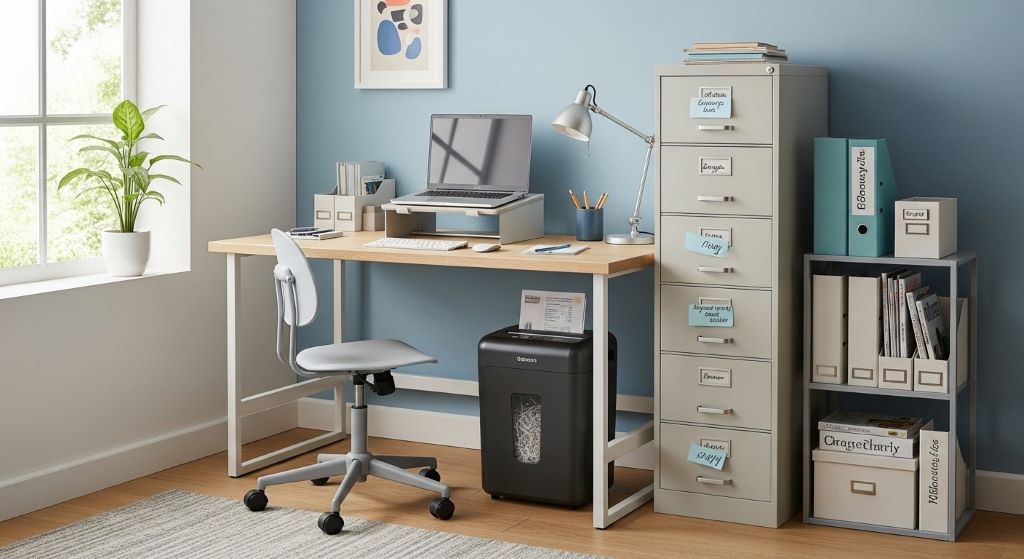 Space-saving paper shredder tucked under desk in small home office with organized filing system