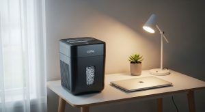 Compact desktop shredder positioned beside laptop on small office desk in minimalist workspace