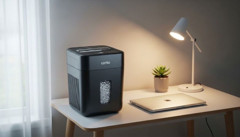 Compact desktop shredder positioned beside laptop on small office desk in minimalist workspace