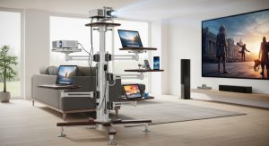 Multi-device projector stand supporting laptop and projector