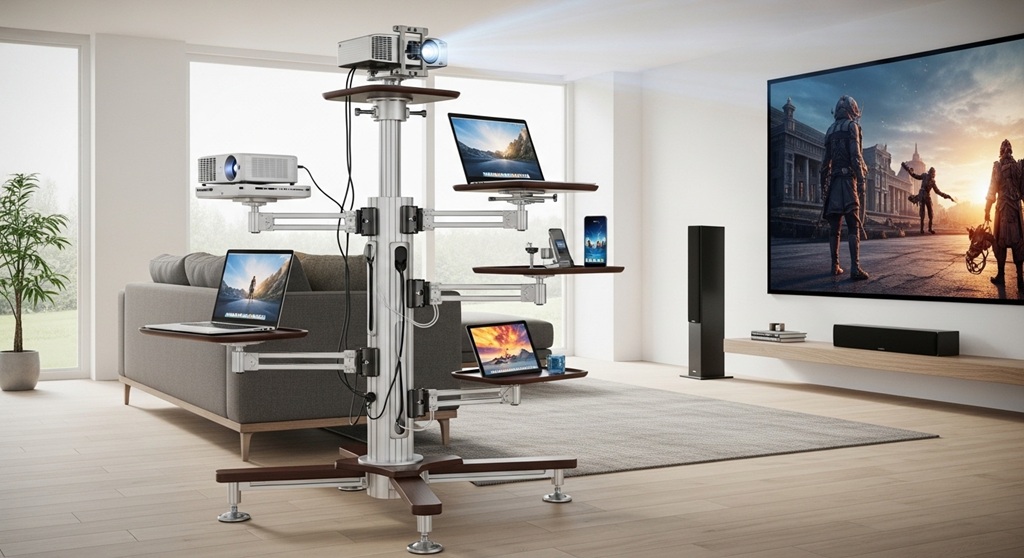 Multi-device projector stand supporting laptop and projector