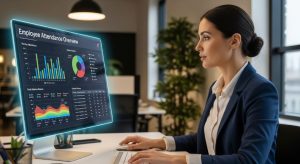 HR manager reviewing employee attendance data on a digital dashboard