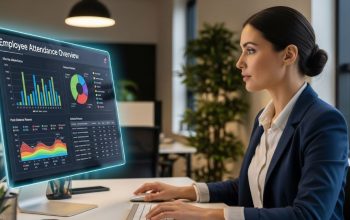 HR manager reviewing employee attendance data on a digital dashboard