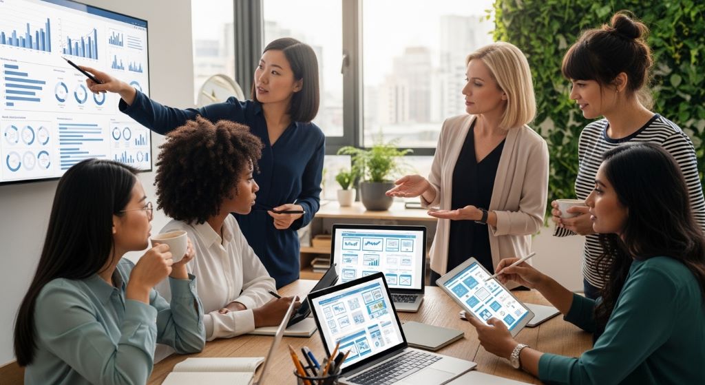 Diverse group of women entrepreneurs collaborating on digital business strategies in a modern workspace