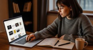 Woman sitting at a laptop researching online business ideas with a notebook and coffee beside her