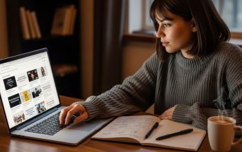 Woman sitting at a laptop researching online business ideas with a notebook and coffee beside her