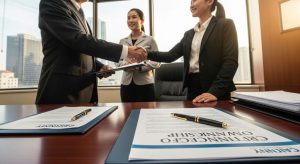 Business owner shaking hands with employees during ownership transition signing