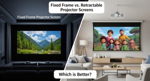 A fixed frame projector screen in a modern home theater setup.