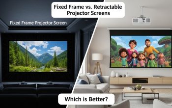 A fixed frame projector screen in a modern home theater setup.