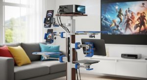 Universal projector stand with adjustable tray and tripod base
