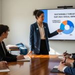 Apparel business founder presenting social impact report to a group of investors