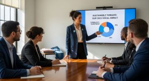 Apparel business founder presenting social impact report to a group of investors