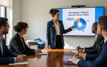 Apparel business founder presenting social impact report to a group of investors