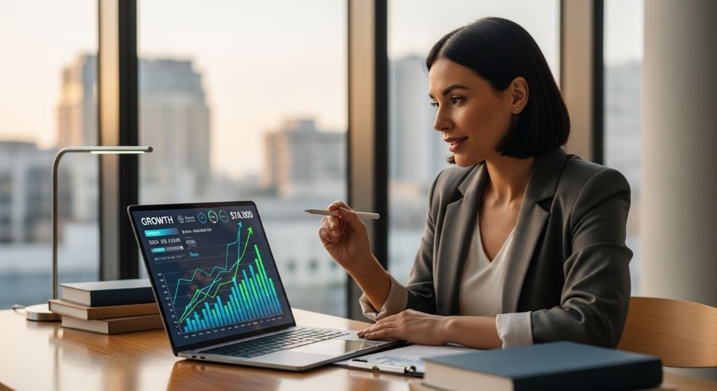 A confident entrepreneur looking at a digital growth chart on a laptop, representing business adaptability and strategic planning