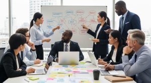 A diverse business team gathered around a table, brainstorming innovation ideas with sticky notes and a whiteboard