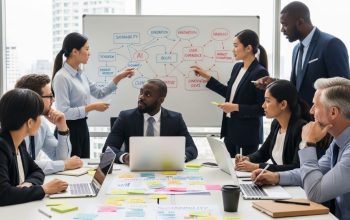 A diverse business team gathered around a table, brainstorming innovation ideas with sticky notes and a whiteboard