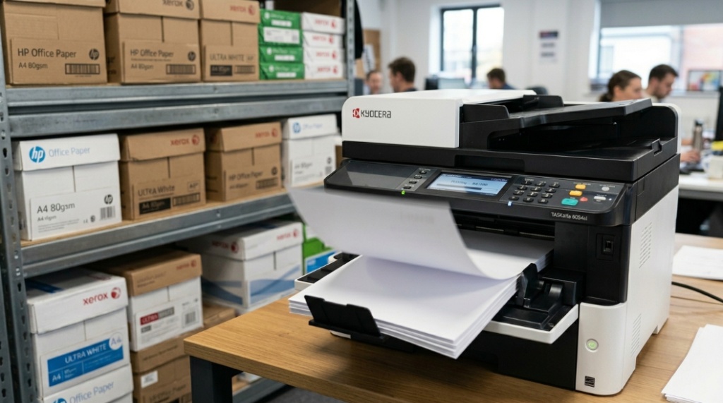 A comparison showing a single ream of paper versus a large bulk pallet with a green savings discount icon.