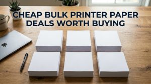Stacks of white printer paper on a desk with the title Cheap Bulk Printer Paper Deals Worth Buying.
