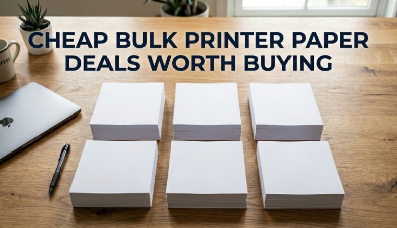 Stacks of white printer paper on a desk with the title Cheap Bulk Printer Paper Deals Worth Buying.