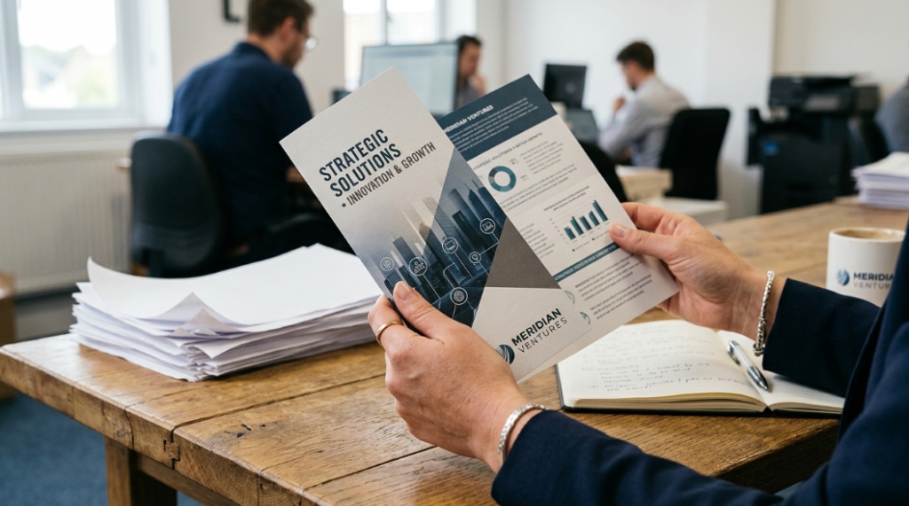 A person holding a high-quality printed brochure on thick matte paper to show durability.