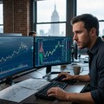 New York trader analyzing historical stock market charts on multiple monitors during active trading hours