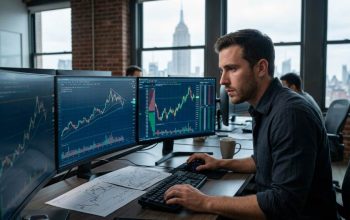 New York trader analyzing historical stock market charts on multiple monitors during active trading hours