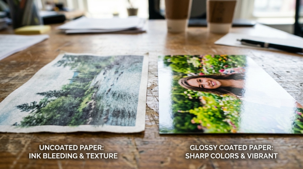 Macro view of ink saturation and color vibrance differences between thin and thick printer paper.