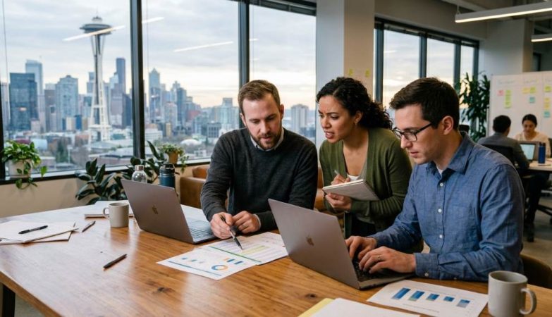 Seattle startup founders reviewing employee compensation plans