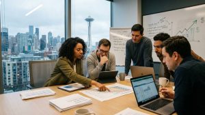 Startup employees analyzing equity compensation packages