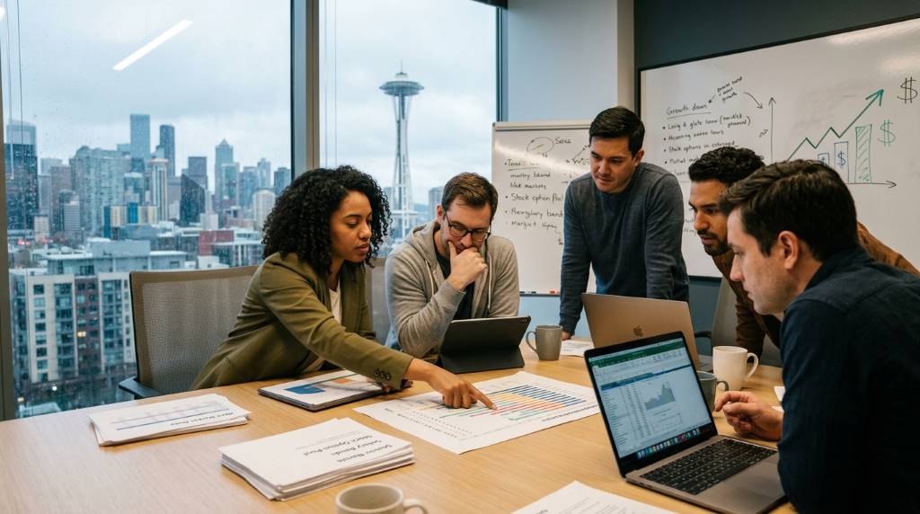 Startup employees analyzing equity compensation packages