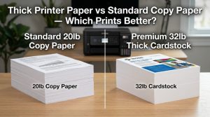 Comparison of thick cardstock and standard copy paper stacks next to a modern office printer.