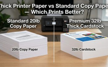 Comparison of thick cardstock and standard copy paper stacks next to a modern office printer.