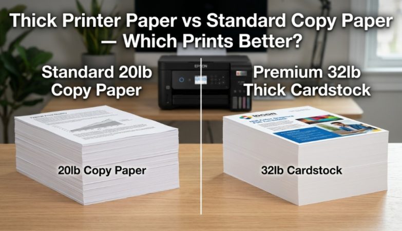 Comparison of thick cardstock and standard copy paper stacks next to a modern office printer.
