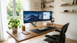 Professional person working on keyboard across two computer screens at spacious desk.