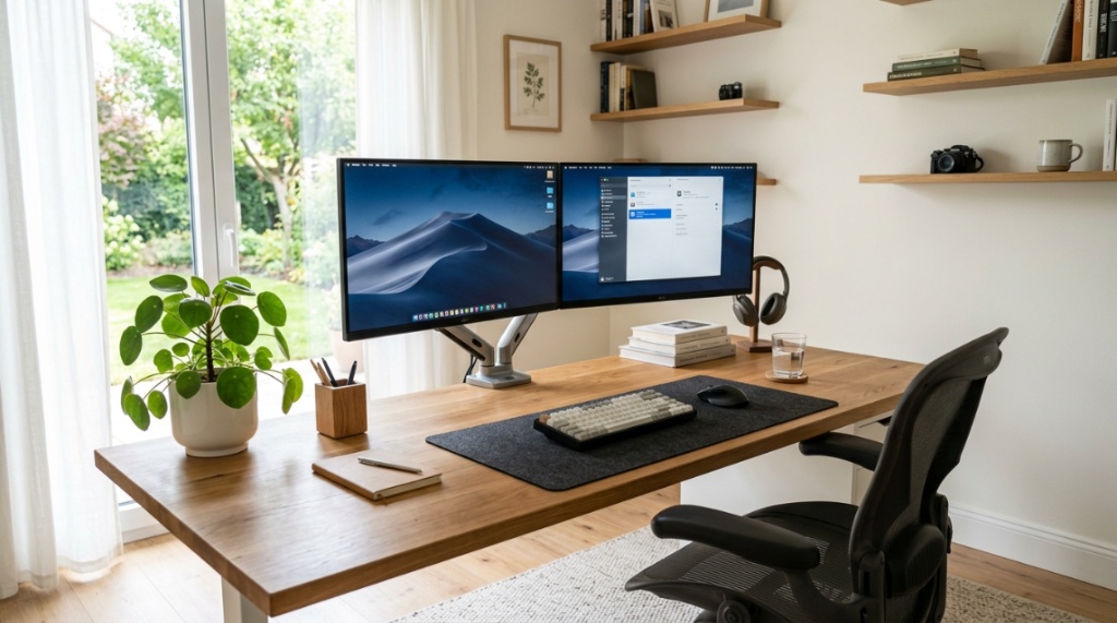 Professional person working on keyboard across two computer screens at spacious desk.