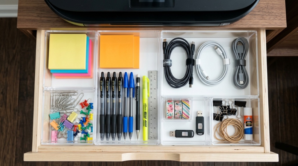 A productive home office setup featuring a side printer stand storing files and electronics.