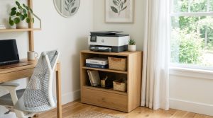 A modern wooden printer stand with shelves organizing neatly stacked paper and office supplies.