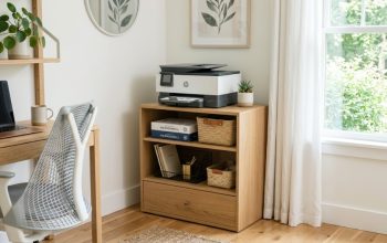 A modern wooden printer stand with shelves organizing neatly stacked paper and office supplies.