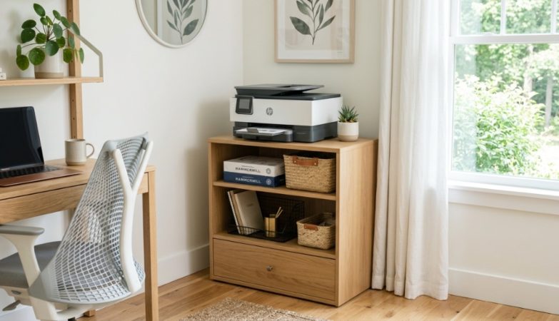 A modern wooden printer stand with shelves organizing neatly stacked paper and office supplies.